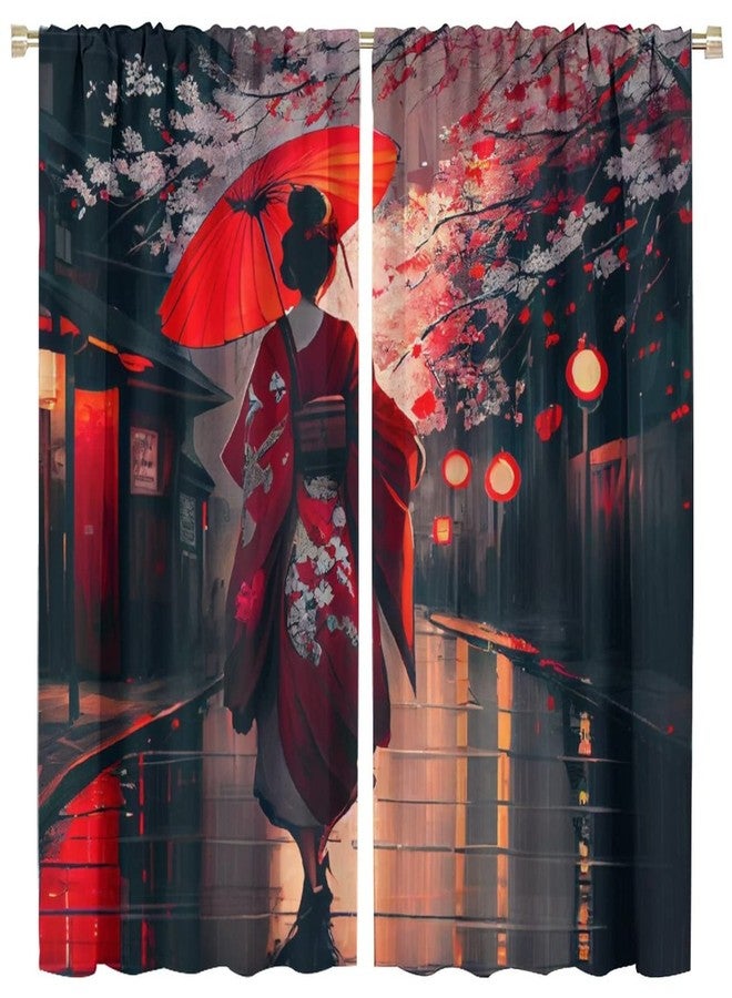 LOMADIA Japanese Blackout Curtain, Beautiful Flower Japan Geisha Girls Umbrella Cherry Blossoms Pattern Decor Windows Rod Pocket Curtains for Bedroom Living Room Kitchen Cafe Office Drapes 42" Wx45 L - Image 1